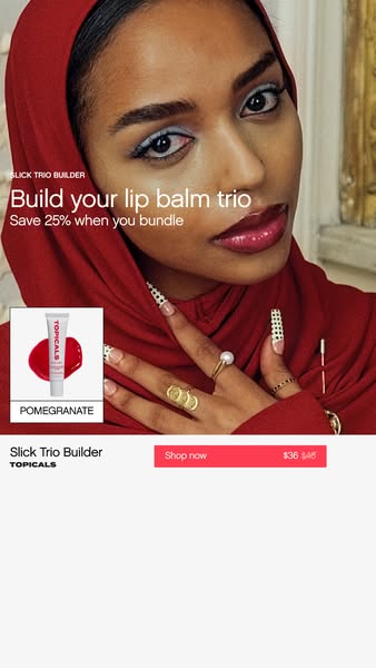 This image ad promotes Topicals' Slick Trio Builder, encouraging customers to build their own lip balm trio and save