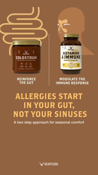 This ad promotes Heart & Soil's colostrum and histamine & immune dietary supplements. The ad states that all