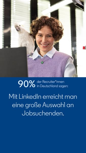 This ad for LinkedIn features a woman with a parrot on her shoulder, and a testimonial about how LinkedIn helps recruite