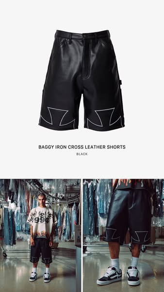 This ad displays baggy, black leather shorts with a white iron cross design. The shorts are available in black.