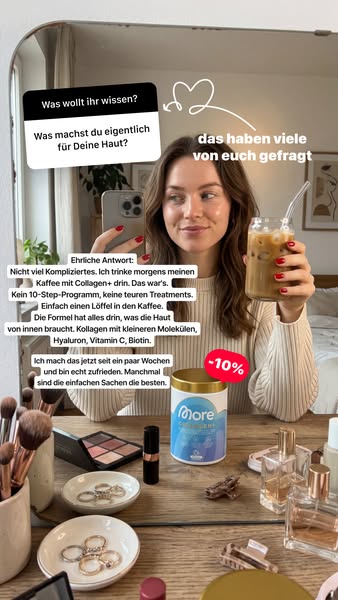 An image ad featuring a woman holding a glass of iced coffee, claiming that she drinks collagen+ in her coffee every mor