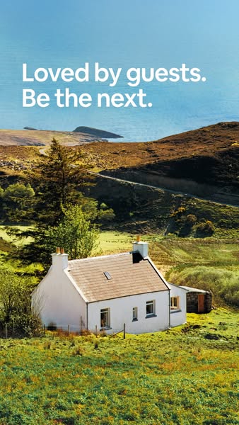 An image of a cottage in a scenic location. The text at the top of the image encourages viewers to stay there.