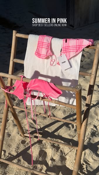 This ad showcases bikinis from the brand Triangl. The ad uses a single image of bikinis hanging on a clothing rack with