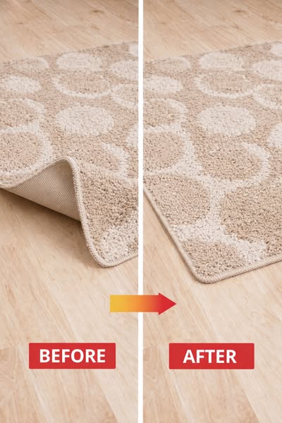 A comparison shot demonstrates how rug tape can prevent a rug from sliding on a hard floor.