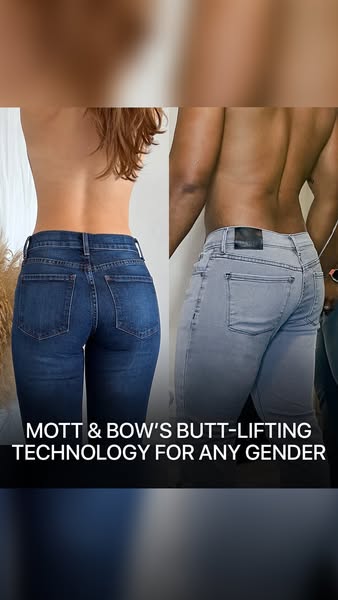 The ad features a split-screen showcasing two individuals, one male and one female, each wearing jeans from Mott & B