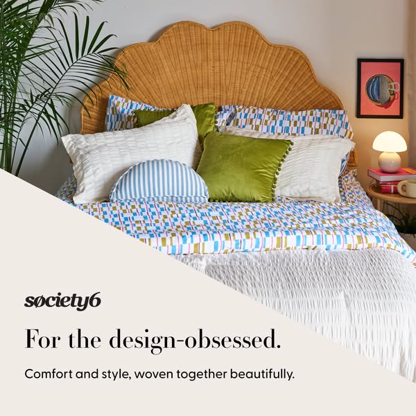This image ad by Society6 targets design enthusiasts by showcasing a bed set with a distinct geometric pattern and a ret