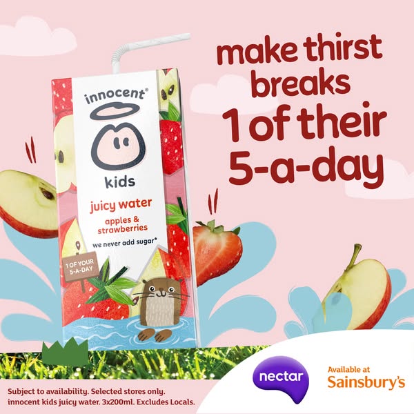 This ad for Innocent Kids Juicy Water promotes the drink as contributing towards a child's 5-a-day. The product is f