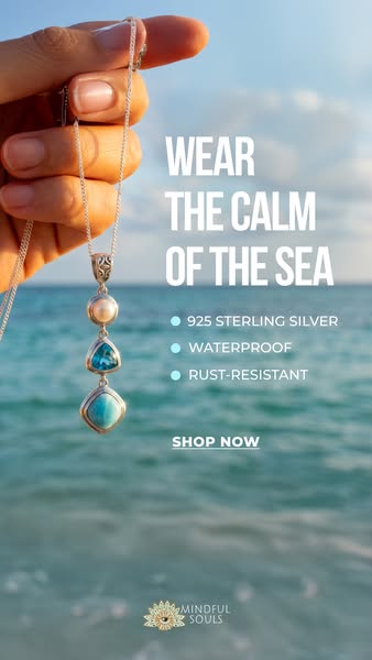 This image ad for Mindful Souls features a 925 sterling silver necklace with a pearl, a blue gemstone, and a turquoise g