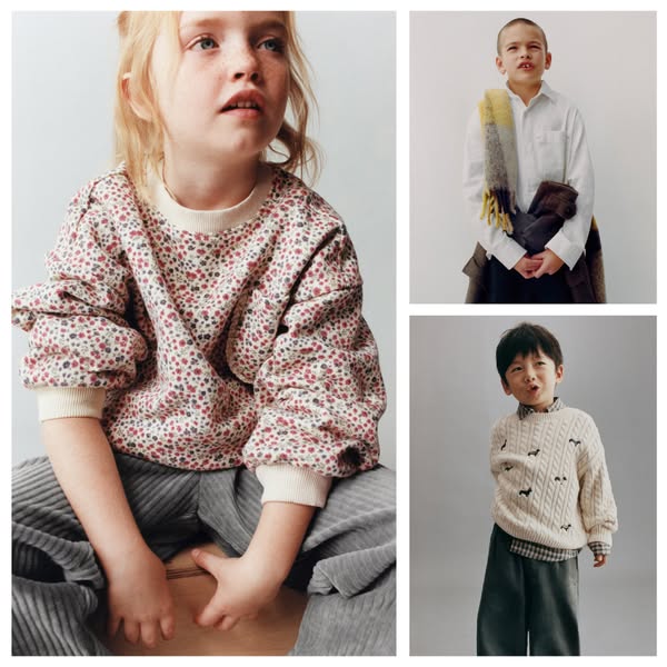 This ad is for a children's clothing brand, featuring a collage of three different child models in different outfits