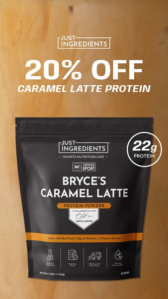 This ad presents Just Ingredients Caramel Latte Protein, endorsed by Bryce Harper, with an offer of 20% off.