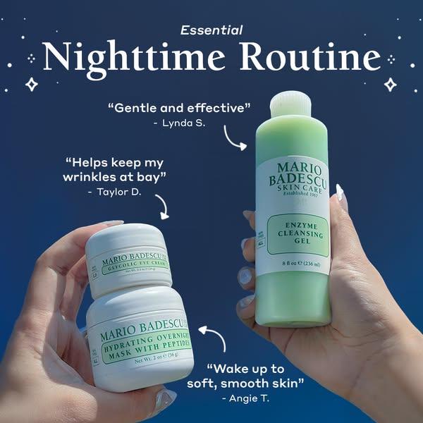 This image ad promotes Mario Badescu's nighttime skincare routine. It features three products: Glycolic Eye Cream, H