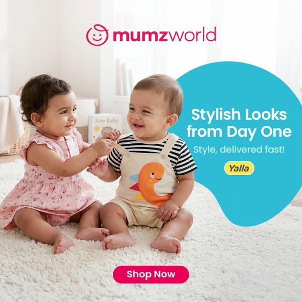 This image ad promotes baby clothing by Mumzworld, highlighting stylish looks from day one with fast delivery. The ad fe