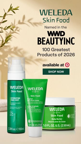 This ad features three Weleda Skin Food products (Hydrating Face Mist, Original Ultra-Rich Cream, and Body Butter) and h