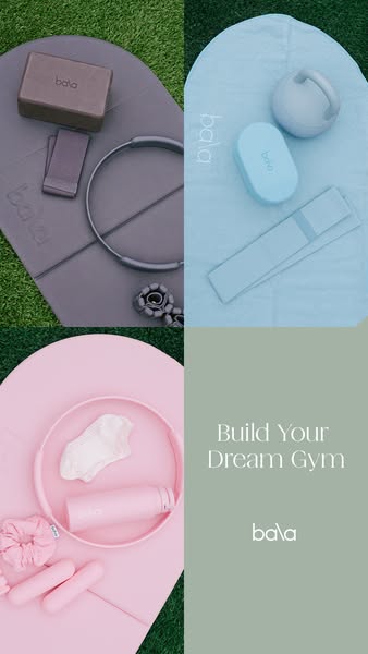 The ad showcases various workout accessories from Bala, encouraging viewers to build their dream gym.