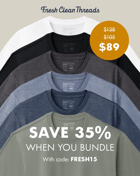 This image ad showcases a set of t-shirts from Fresh Clean Threads, stacked in a way that highlights their different col