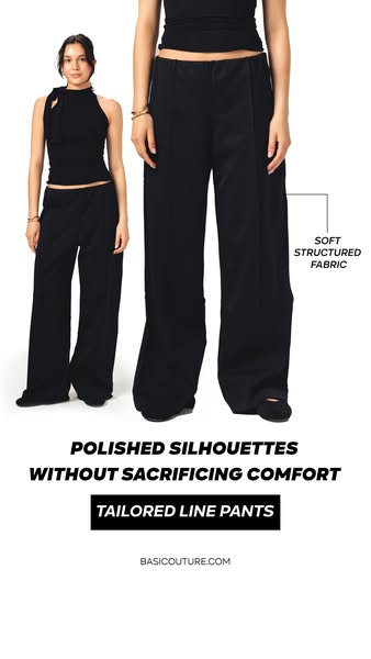 This ad for Basic Couture features a model wearing black tailored pants, with a close-up view of the pants filling most 