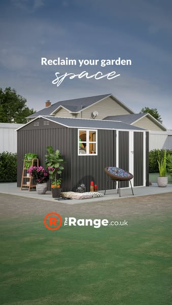 This image ad for The Range promotes their garden sheds as a way to reclaim garden space, featuring a shed in a backyard