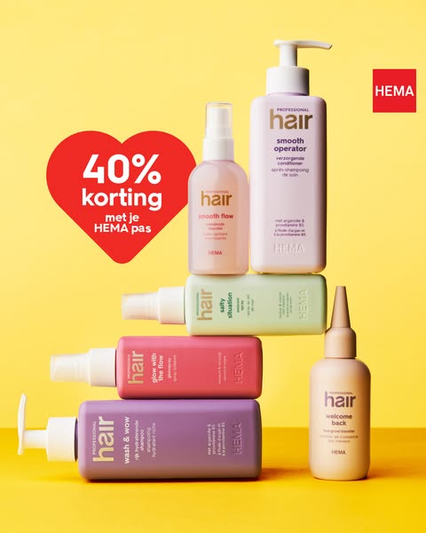 This ad features a variety of hair products from HEMA, highlighting a 40% discount for HEMA pass holders. The products a