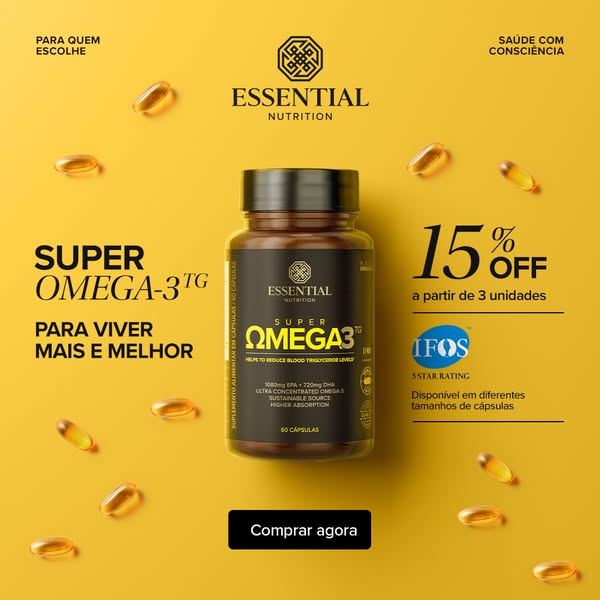 This ad is for Essential Nutrition's Super Omega-3 product. The image features the product bottle and highlights the
