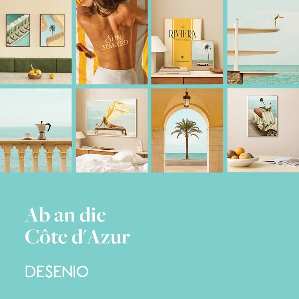 This gallery ad by Desenio uses images of coastal vacation scenes and decor to encourage the viewer to see the brand'