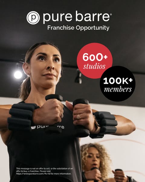 This Pure Barre ad aims to recruit franchise owners by highlighting the brand's widespread popularity and success, e