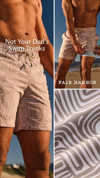 An image ad for Fair Harbor swim trunks with a geometric print. The ad shows a man wearing the swim trunks on a beach.