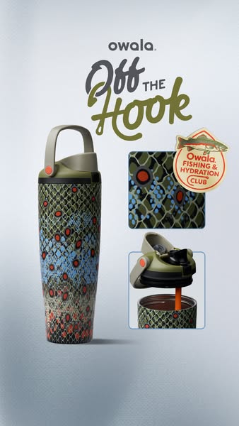 The ad showcases the Owala water bottle, emphasizing its unique 'Off the Hook' design and connecting it to a fis