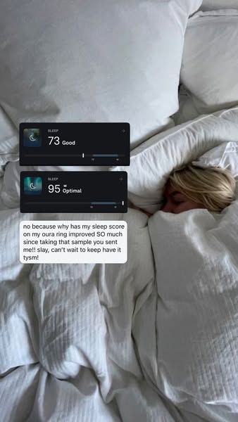 This ad features a woman in bed with sleep tracking data from an Oura ring, highlighting the improvement in her sleep sc