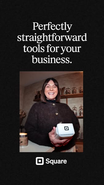 This ad features a woman holding a Square card reader in her hands. The ad promotes the ease of use and straightforward 