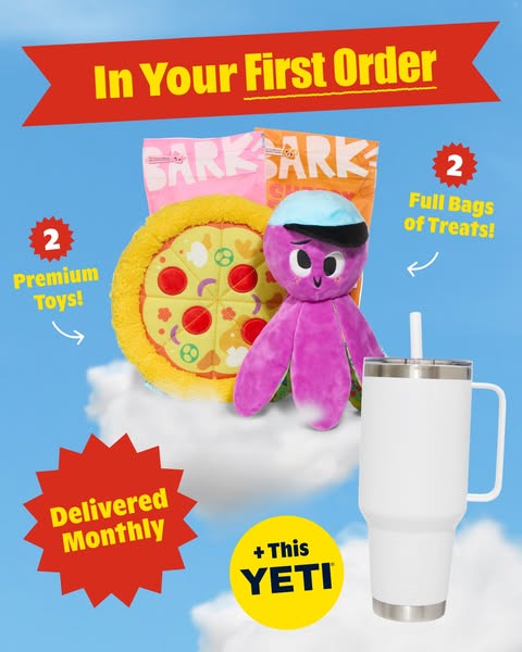 This ad promotes BarkBox, a subscription service for dog products. The ad features a variety of dog toys and treats, alo