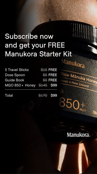 This ad promotes a Manukora Starter Kit subscription, highlighting the free items included and the total savings.