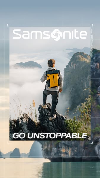This ad features a man wearing a Samsonite backpack standing on a mountain peak, conveying a sense of adventure and expl