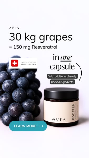 This ad compares the amount of grapes and resveratrol to what is included in one Avea capsule.