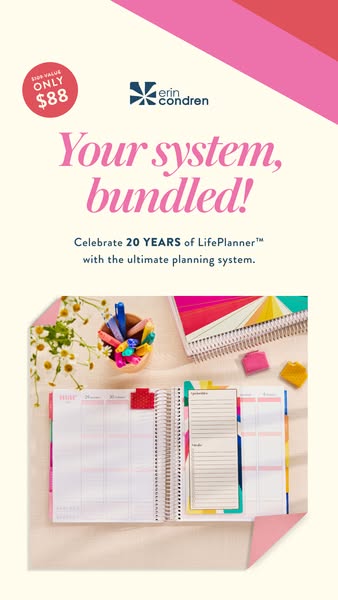 This image ad for Erin Condren celebrates 20 years of its LifePlanner by showcasing the bundled system, and promoting it