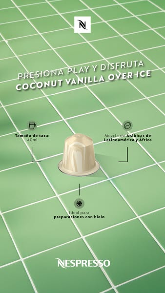 The ad features Nespresso's Coconut Vanilla Over Ice coffee capsule in a minimalist, visually-driven layout. The des