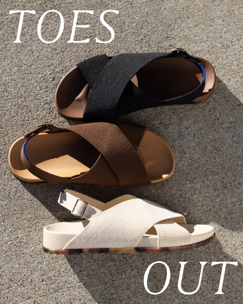 This image ad showcases three colors of a pair of sandals. The sandals are designed with a criss-cross strap design and 