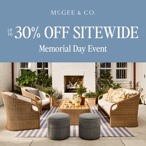 This image ad promotes McGee & Co.'s Memorial Day Event offering up to 30% off sitewide. The ad features an outd
