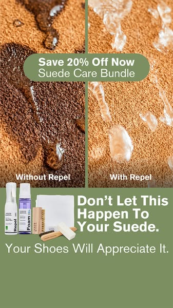 This ad for Jason Markk suede care bundle begins by highlighting the common problem of water damage to suede shoes by sh