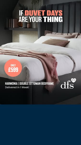 This ad promotes a double ottoman bedframe for people who love to spend time in their beds.