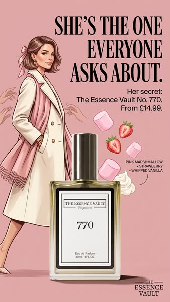 This image ad for The Essence Vault No. 770 perfume features an illustration of a stylish woman and lists the scent'