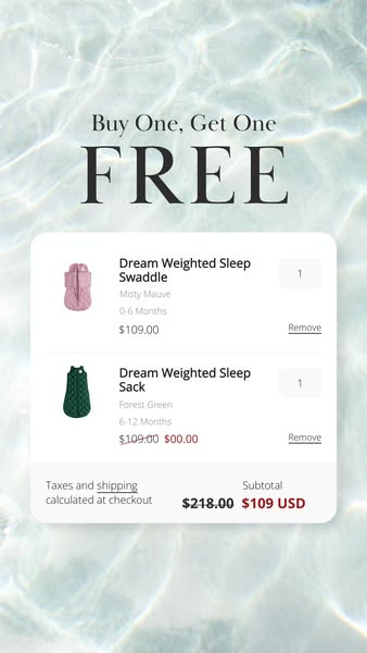 This ad promotes a BOGO deal on the brand's sleep swaddles and sacks. It displays a screenshot of the checkout page,