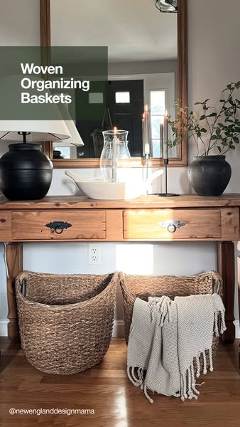 This ad showcases woven organizing baskets in a home setting, emphasizing their aesthetic appeal and functionality for h