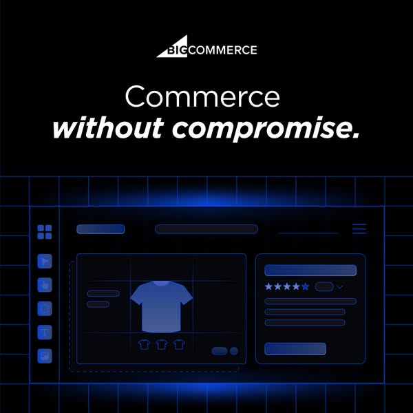This ad for BigCommerce features a stylized, neon-glowing interface of an e-commerce website builder. The ad highlights 