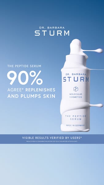 This image ad for Dr. Barbara Sturm's The Peptide Serum showcases the product bottle covered in a white cream, empha