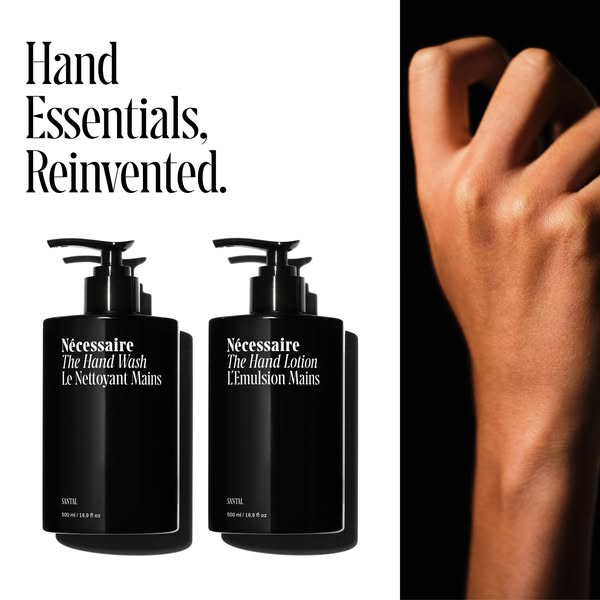 This ad showcases Nécessaire's hand wash and hand lotion, emphasizing the brand's reinvention of hand essentials