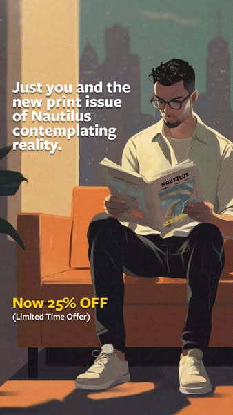 This ad features an illustration of a person sitting on a couch reading Nautilus magazine and promotes a limited time of