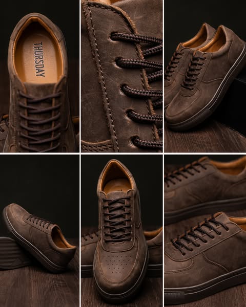 This is a series of close up and mid-shot images stitched together to show the Thursday brown casual sneaker.