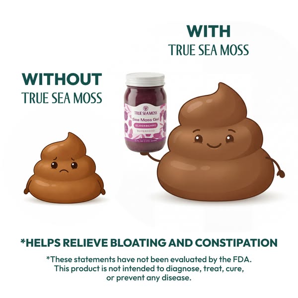 This image ad utilizes a humorous comparison to promote True Sea Moss gel as a solution for bloating and constipation. B