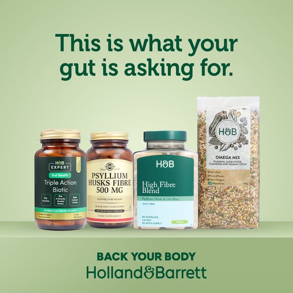 This image ad by Holland & Barrett promotes several products that benefit gut health.