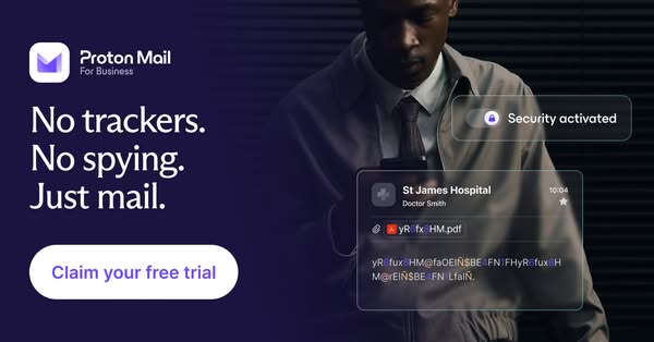 The ad promotes Proton Mail for Business as an email service that does not use trackers or spying technology. The ad fea